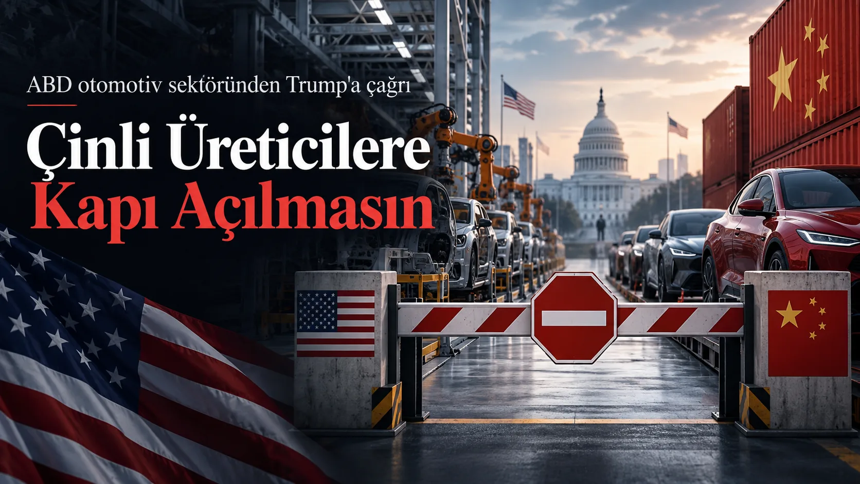 ABD otomotiv sektörü ile Çinli otomobil üreticileri arasındaki pazar ve üretim rekabetini temsil eden görsel