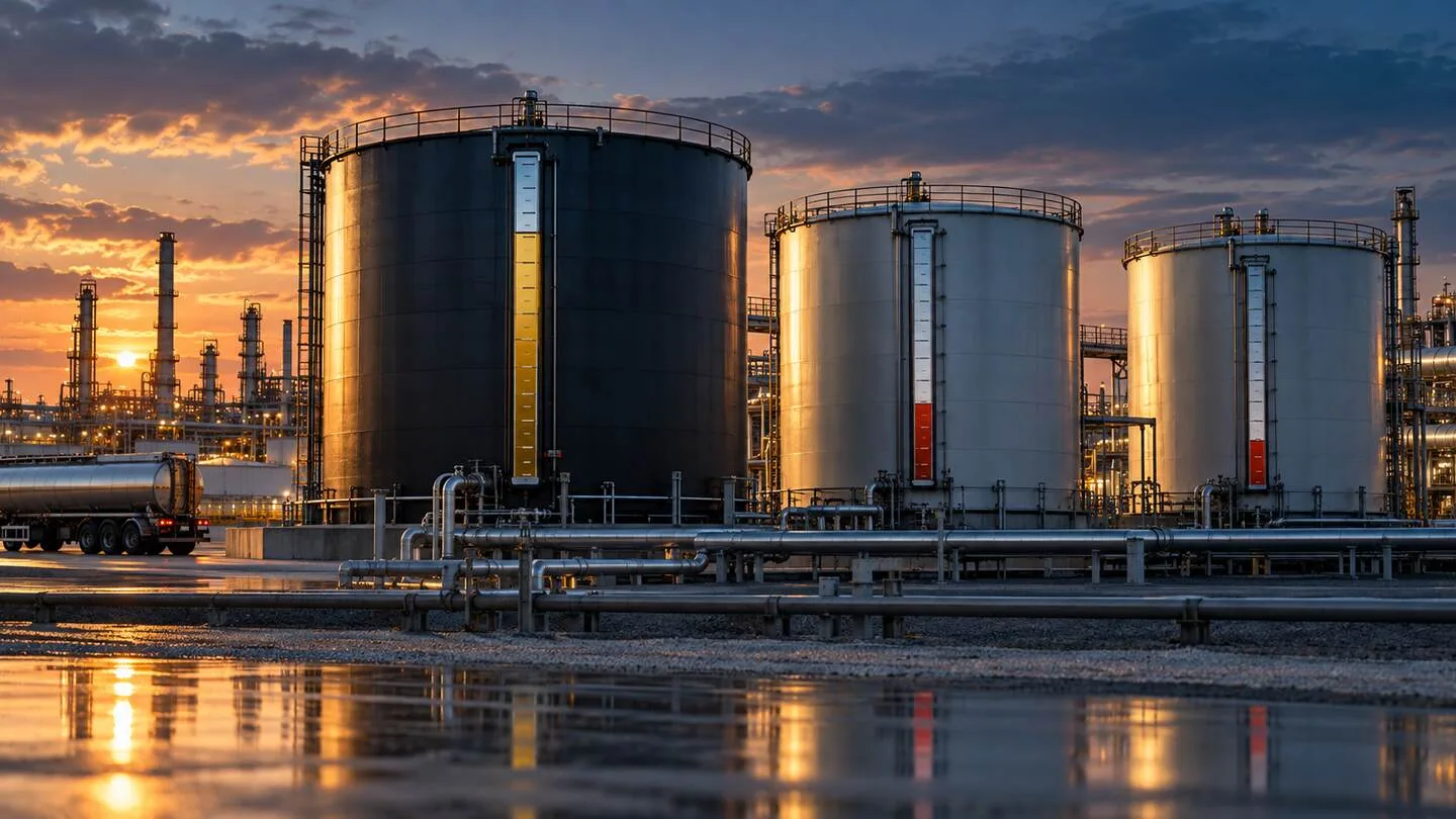 Petrol rafinerisinde ham petrol tankı ile düşük seviyedeki benzin ve distilat tanklarını simgeleyen görünüm