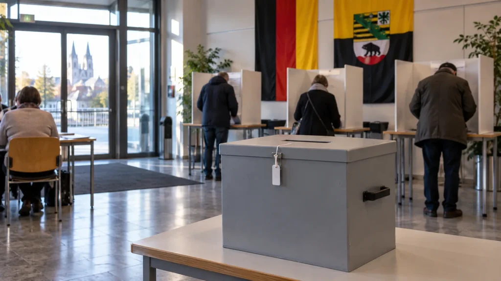 Magdeburg'daki bir seçim merkezinde oy sandığına yönelen ve yüzleri görünmeyen seçmenler