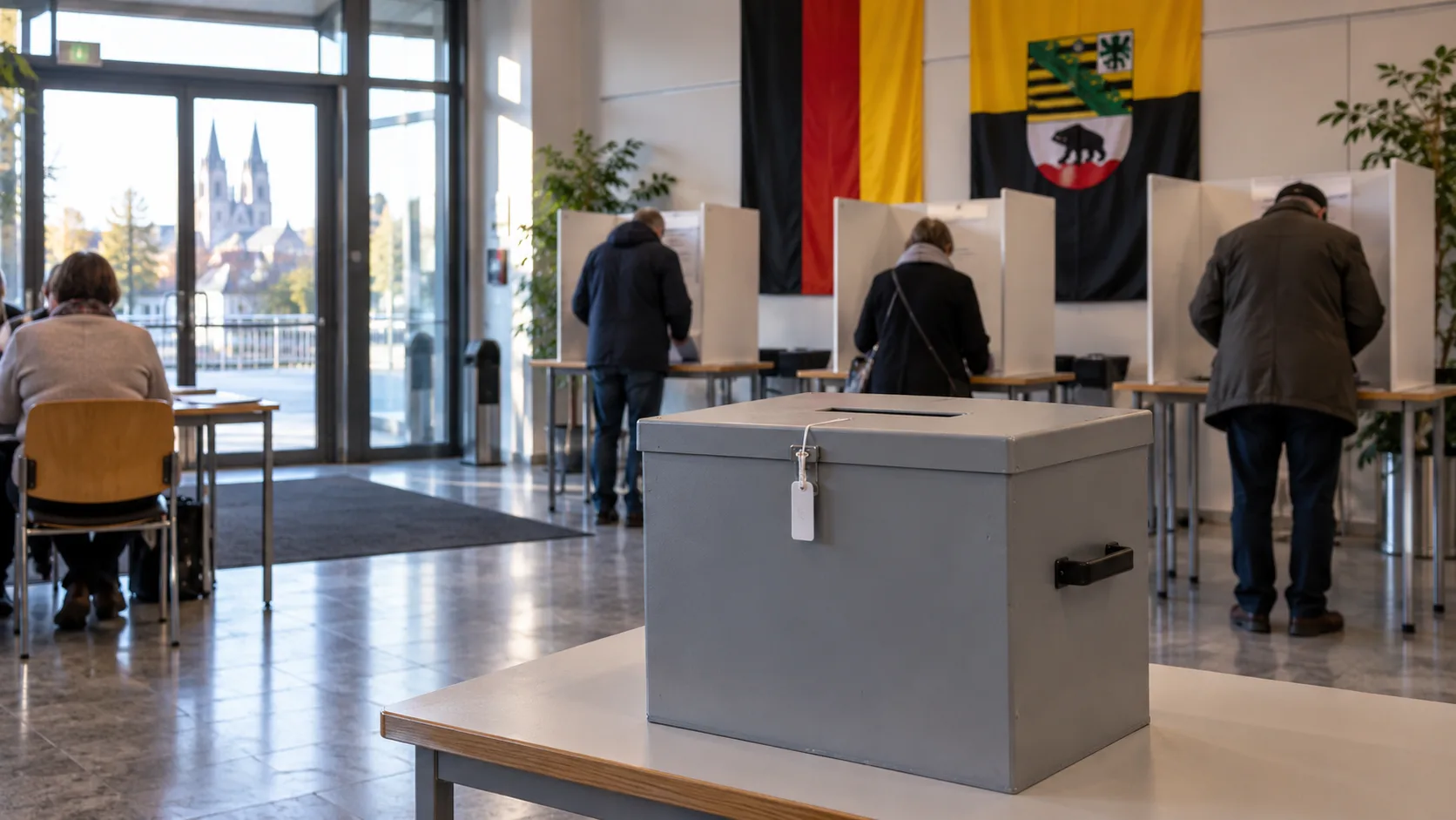 Magdeburg'daki bir seçim merkezinde oy sandığına yönelen ve yüzleri görünmeyen seçmenler