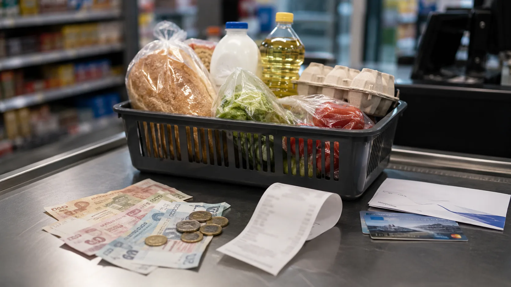 Market kasasında temel gıdalar, Türk lirası banknotları ve alışveriş fişi