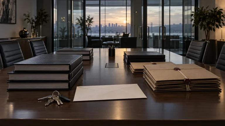Boş bir şirket toplantı masasında kapalı mali kayıt klasörleri ve ofis anahtarları