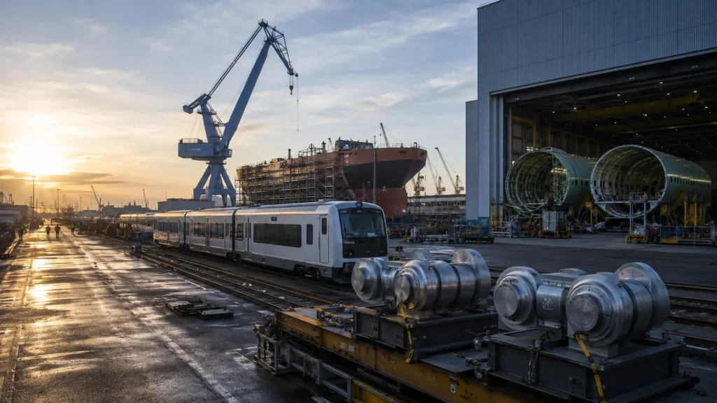 Alman sanayi bölgesinde tren vagonları, gemi yapım ekipmanları ve fabrika vinçleri