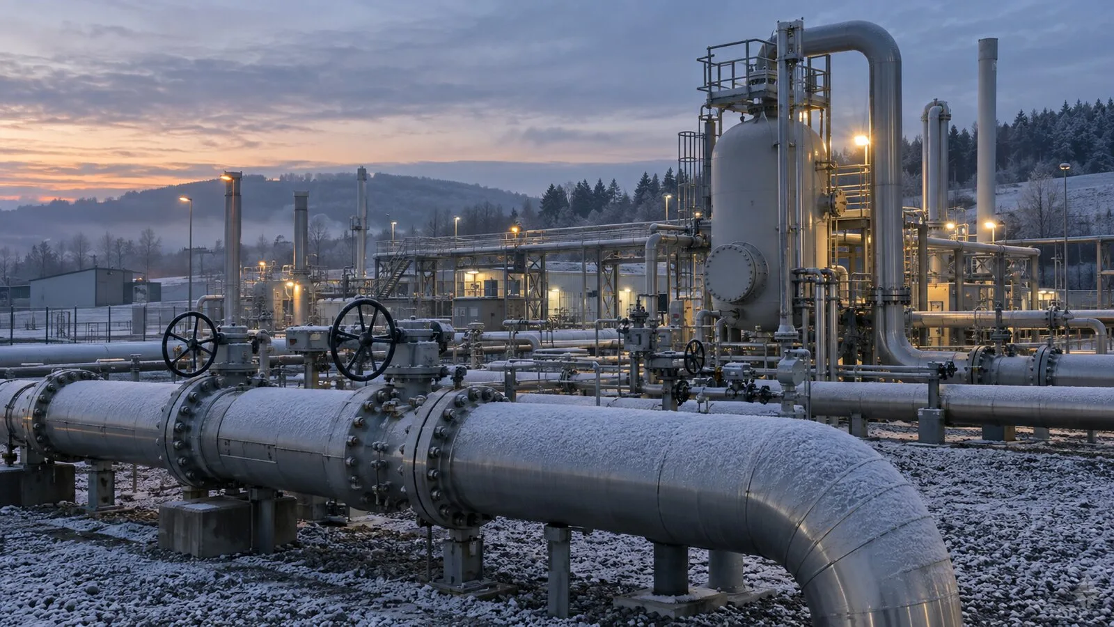 Soğuk havada Almanya'daki doğal gaz depolama tesisinin boruları ve depolama tankları
