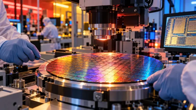 Gelişmiş bir yarı iletken laboratuvarında incelenen büyük silikon wafer