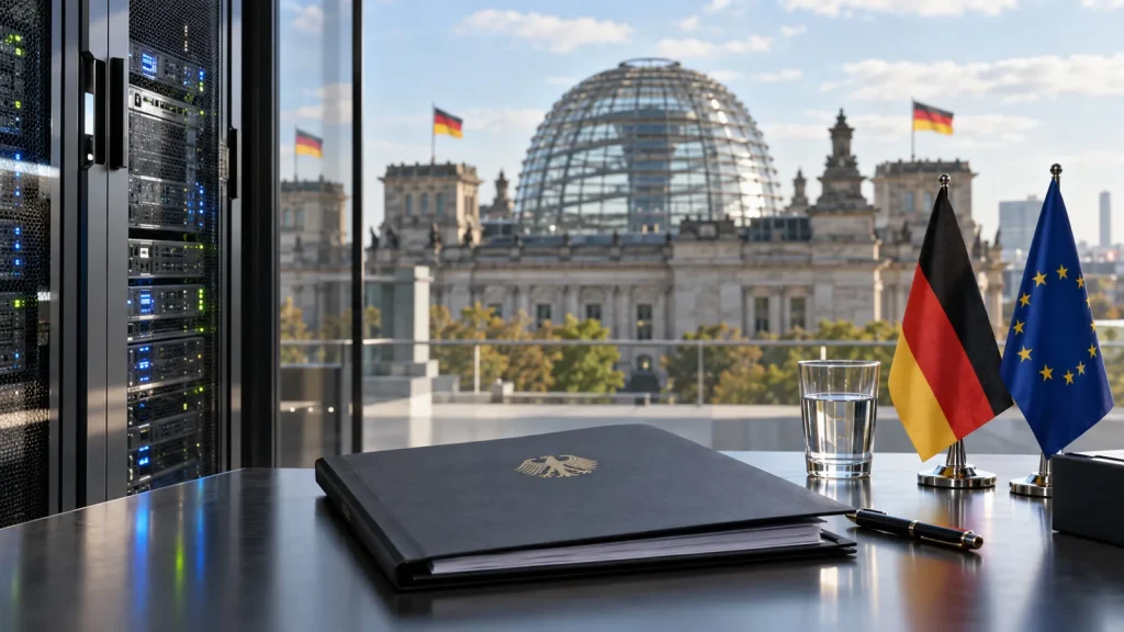 Berlin'de Reichstag binası önünde sunucu kabinleri, Almanya ve Avrupa Birliği bayrakları