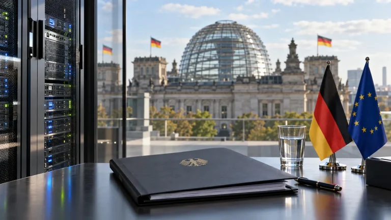 Berlin'de Reichstag binası önünde sunucu kabinleri, Almanya ve Avrupa Birliği bayrakları