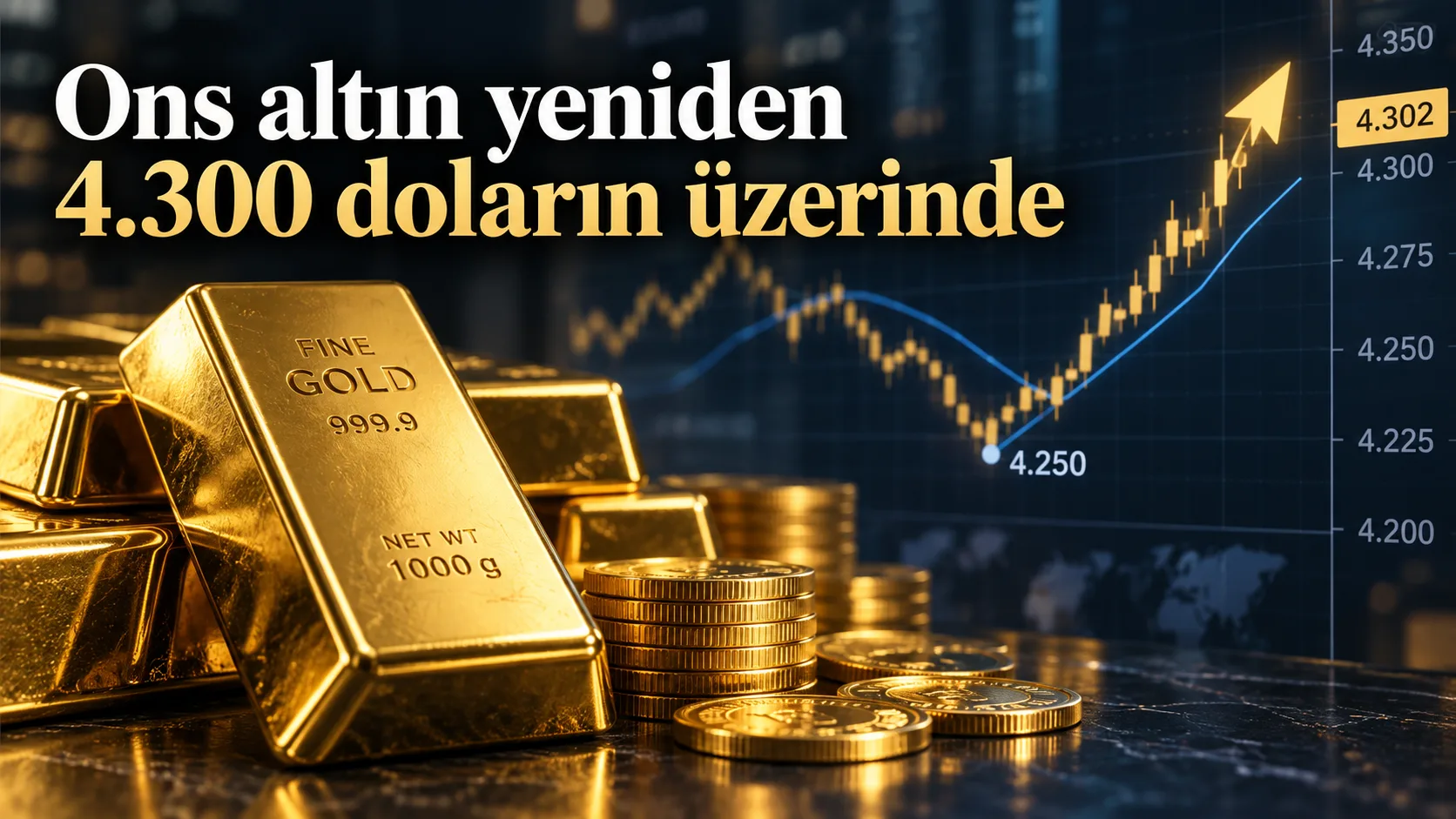 Ons altının Fed sonrası 4.250 dolardan toparlanarak yeniden 4.300 doların üzerine yükselmesi.