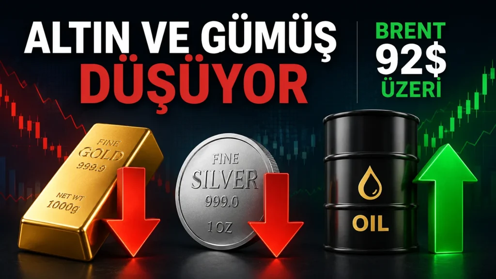 Altın ve gümüşte sert düşüş yaşanırken Brent petrolün 92 doların üzerine çıkışını anlatan öne çıkan görsel.