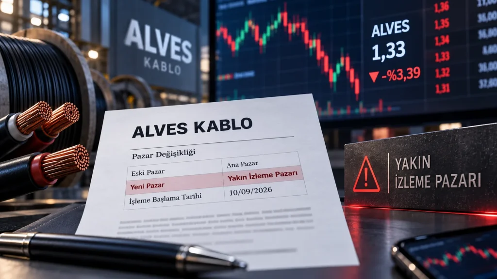 ALVES paylarının Yakın İzleme Pazarı’na alınmasını anlatan borsa ve kablo görseli