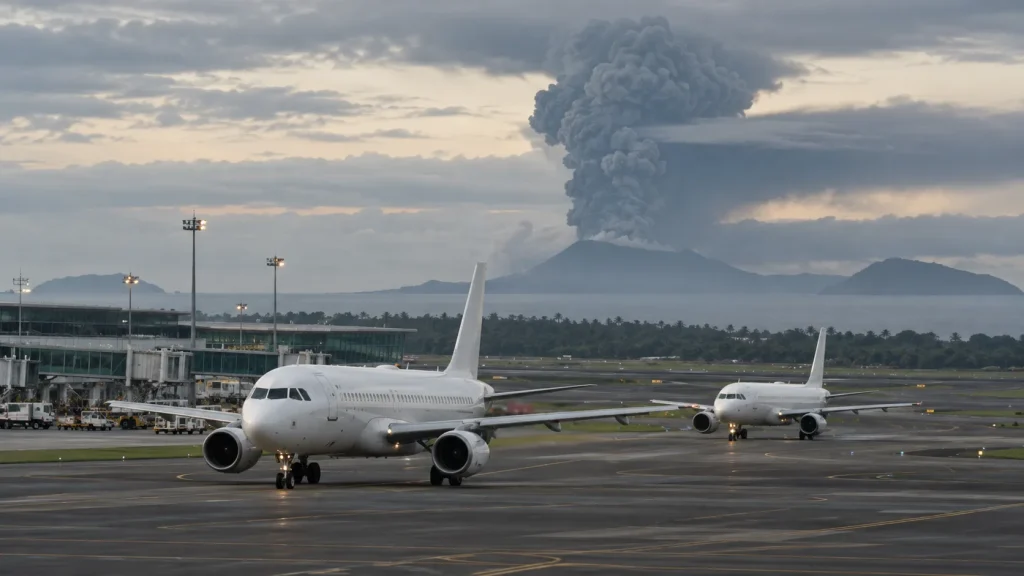 Anak Krakatau'dan yükselen kül bulutu önünde Cakarta'daki havalimanı pistinde bekleyen yolcu uçakları