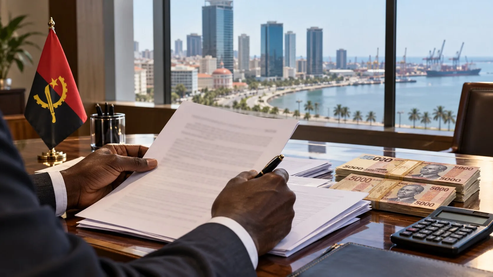 Angola bayrağı yanında tahvil evrakları, kwanza banknotları ve hesap makinesi