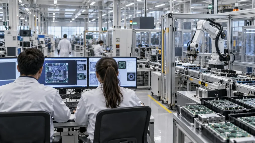 Robotik üretim hattında elektronik sistemleri kontrol eden mühendisler
