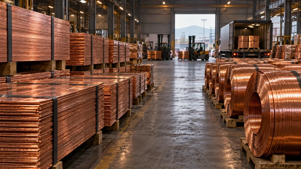 Endüstriyel depoda paletler üzerinde bakır levhalar, bakır bobinler ve yükleme araçları