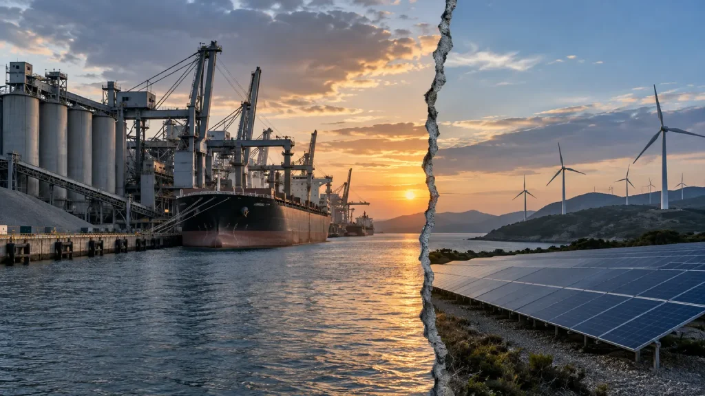 Liman tesisi ile yenilenebilir enerji sahasını ayıran görsel kompozisyon