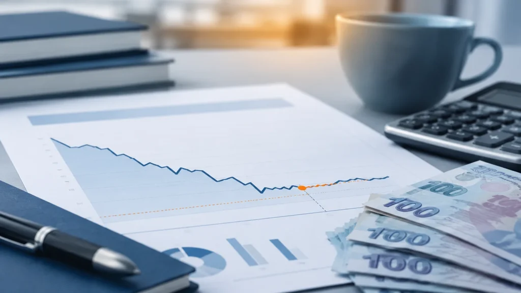 Finans ekranı ve düşüş trendi görseli, BBVA Research’ün TCMB’de Ekim ayında faiz indirimi beklentisini temsil ediyor.