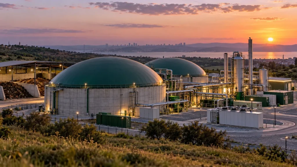 Gün batımında biyogaz tesisinin tankları ve enerji üretim altyapısı