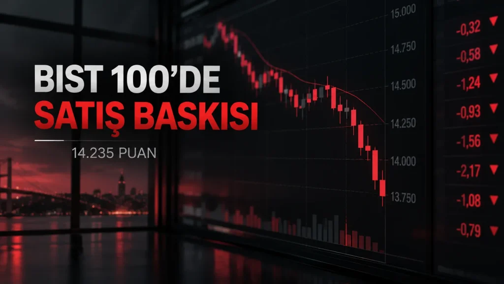 BIST 100 endeksinin 14 Eylül 2026 günü yüzde 1,60 düşüşle 14.235,83 puandan kapanışını anlatan finans görseli