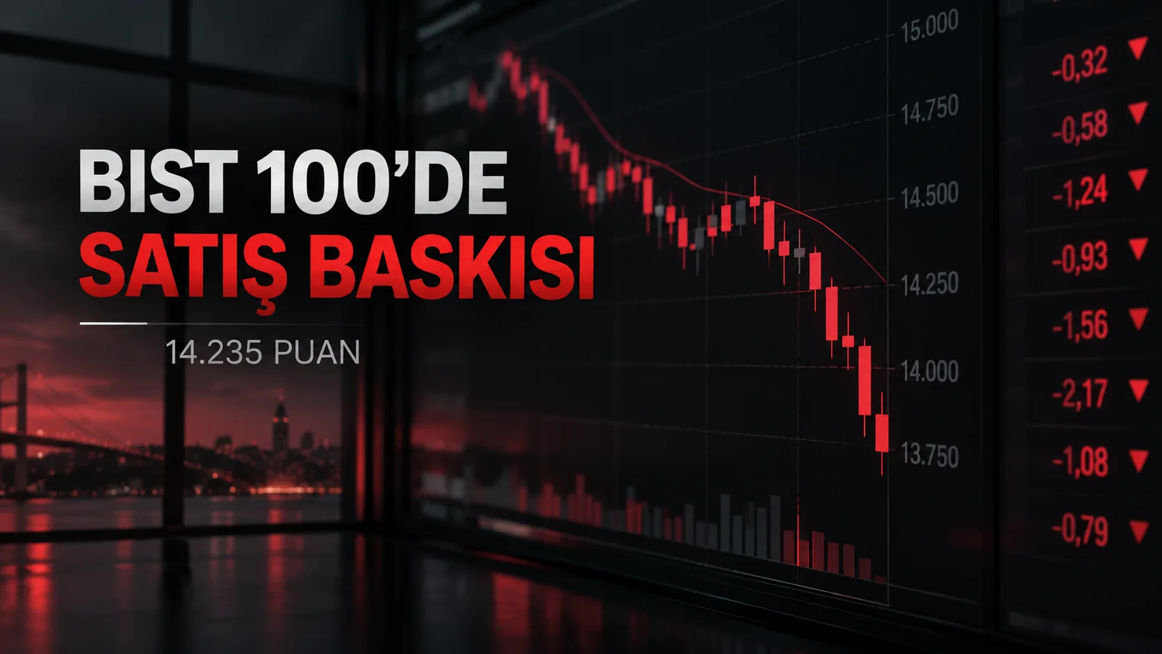 BIST 100 endeksinin 14 Eylül 2026 günü yüzde 1,60 düşüşle 14.235,83 puandan kapanışını anlatan finans görseli