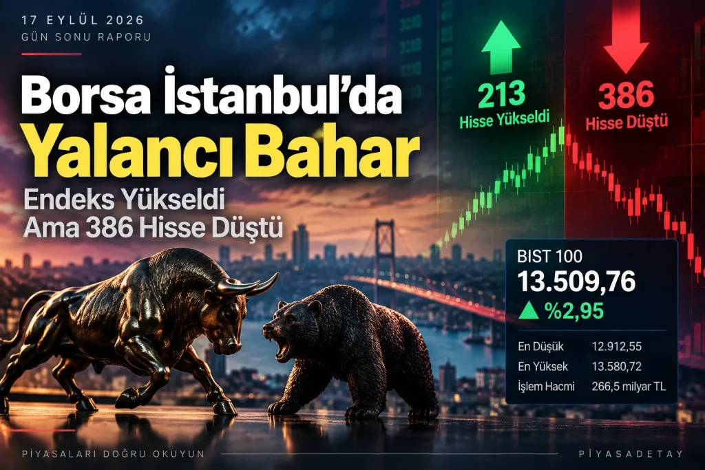 BIST 100 endeksinin 17 Eylül 2026 tarihinde yüzde 2,95 yükselmesine rağmen 386 hissenin değer kaybettiğini anlatan fi…