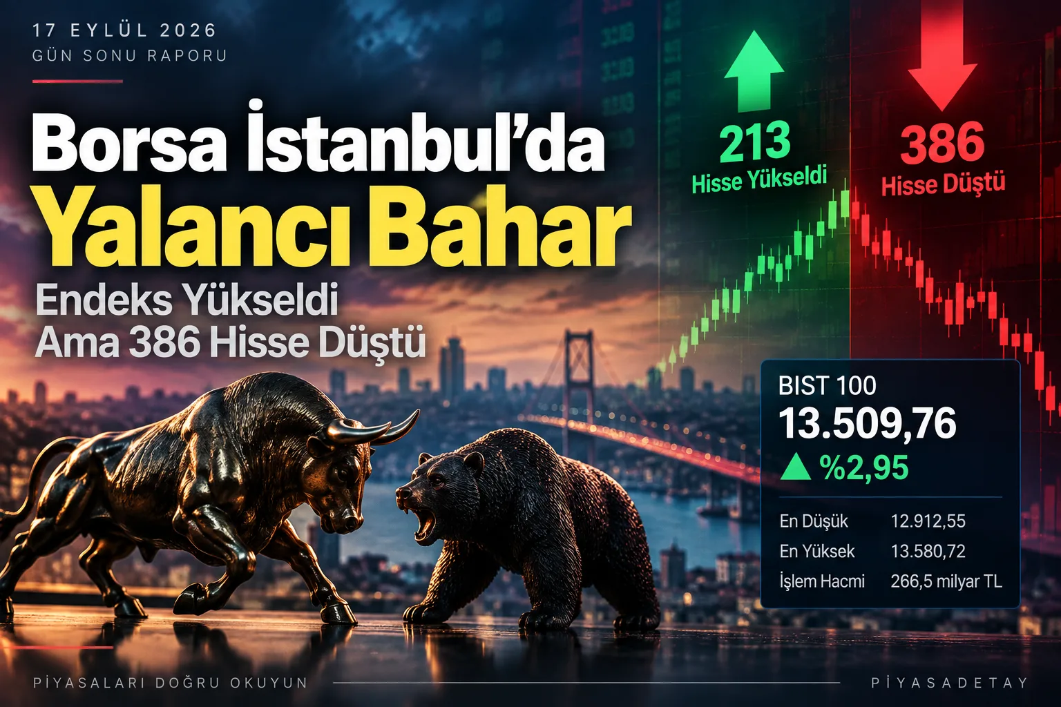 BIST 100 endeksinin 17 Eylül 2026 tarihinde yüzde 2,95 yükselmesine rağmen 386 hissenin değer kaybettiğini anlatan fi…