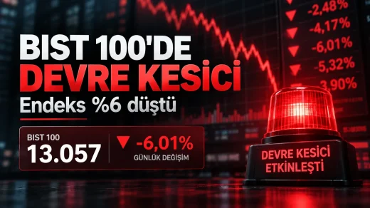 BIST 100 endeksinin yüzde 6,01 düşerek 13.057 puana gerilemesi ve Borsa İstanbul’da devre kesicinin çalışması.