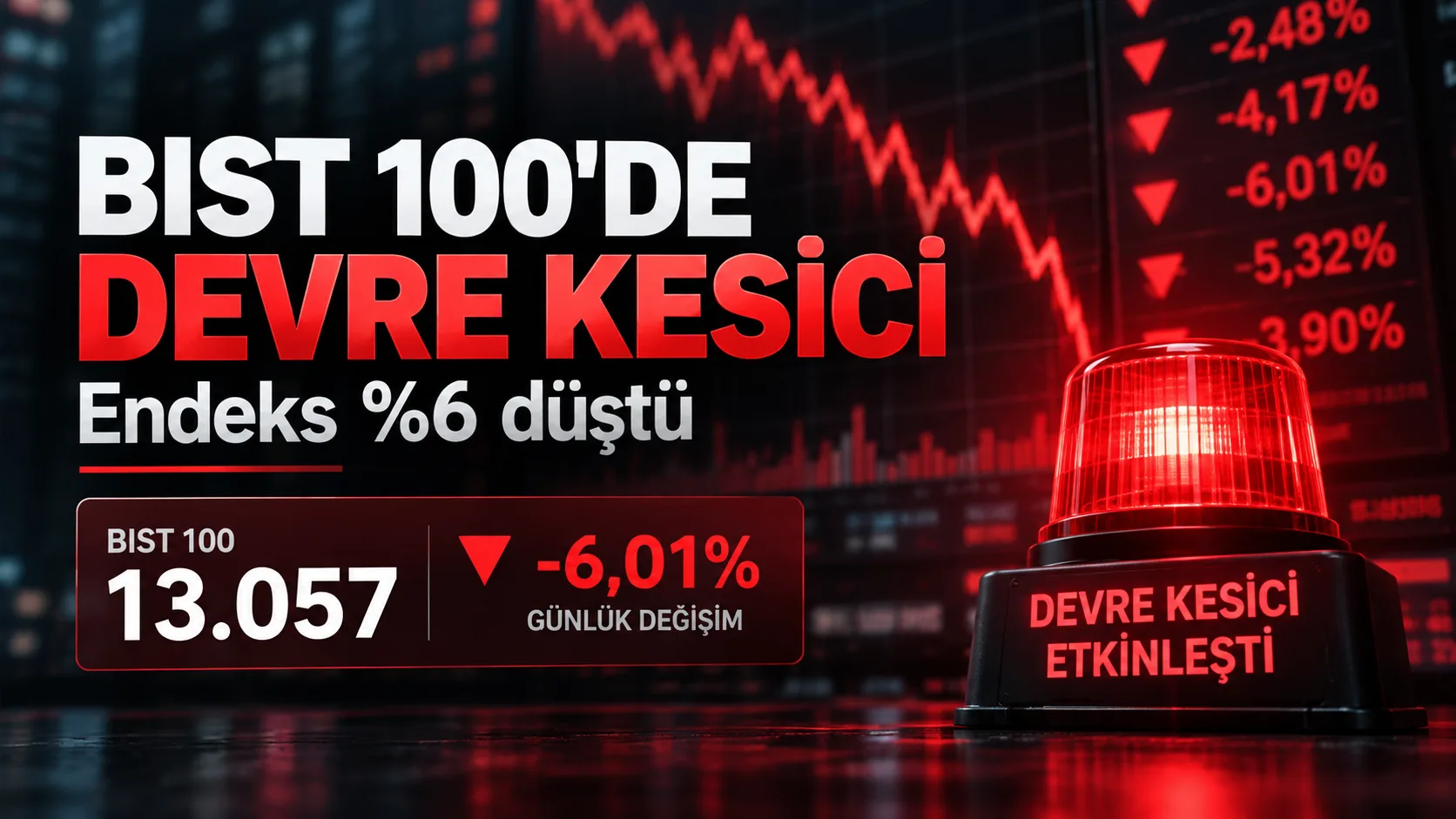 BIST 100 endeksinin yüzde 6,01 düşerek 13.057 puana gerilemesi ve Borsa İstanbul’da devre kesicinin çalışması.