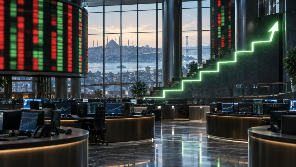 İstanbul manzaralı modern işlem salonunda yukarı yönlü basamak simgesi