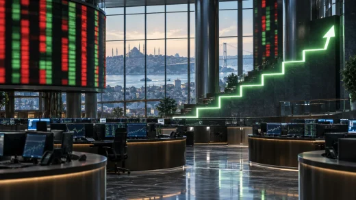 İstanbul manzaralı modern işlem salonunda yukarı yönlü basamak simgesi