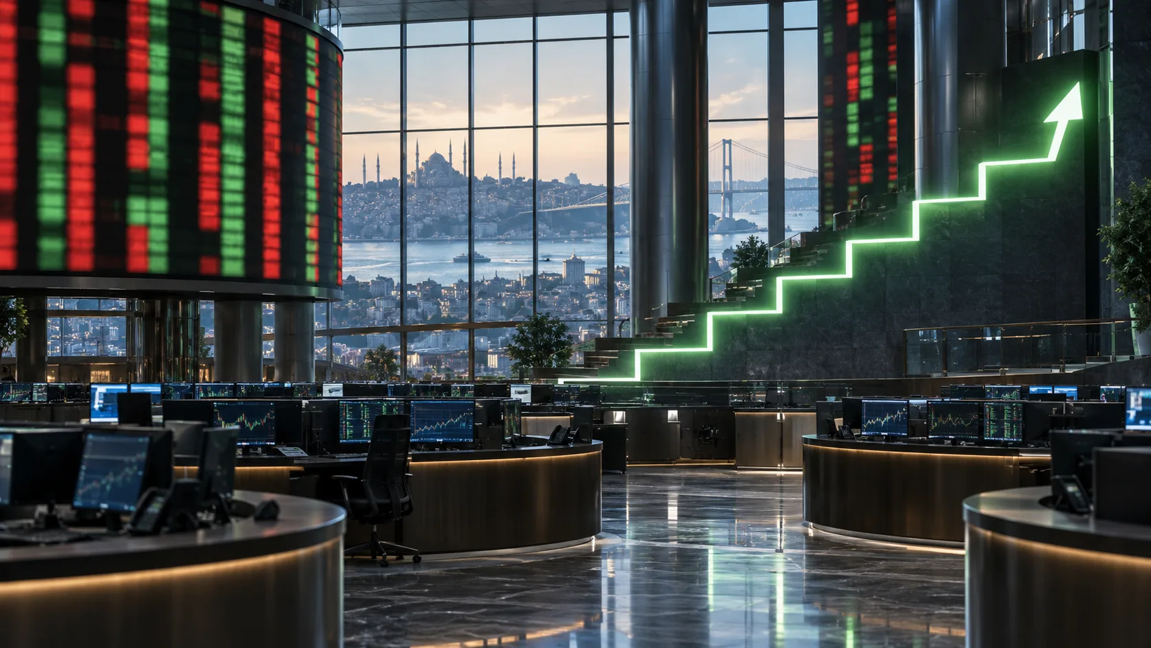 İstanbul manzaralı modern işlem salonunda yukarı yönlü basamak simgesi