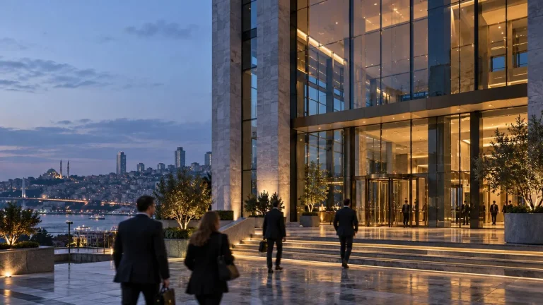 İstanbul'da modern bir iş binasının önüne yürüyen insanlar görülüyor.