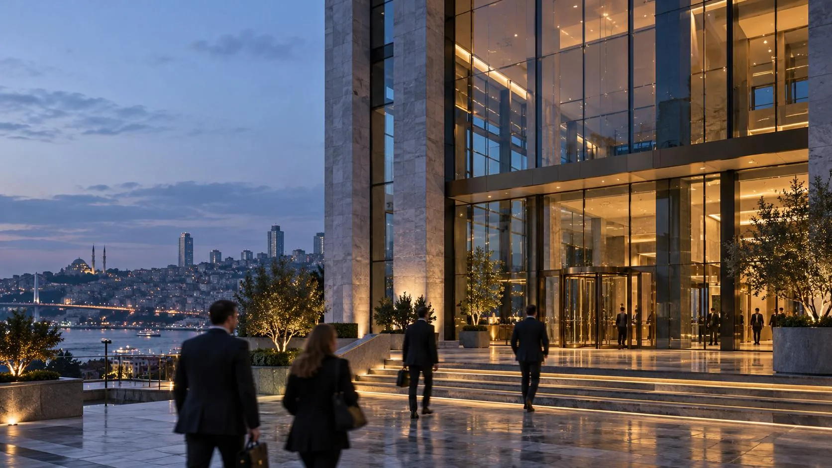 İstanbul'da modern bir iş binasının önüne yürüyen insanlar görülüyor.