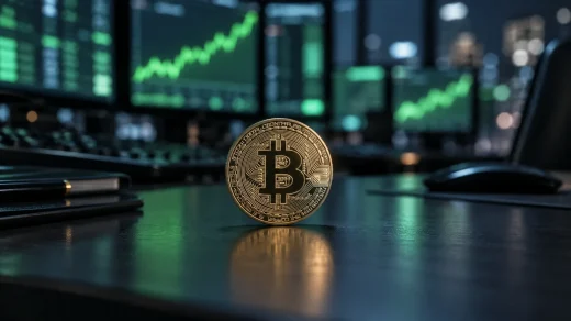 Yeşil piyasa ekranlarının önünde duran metal Bitcoin