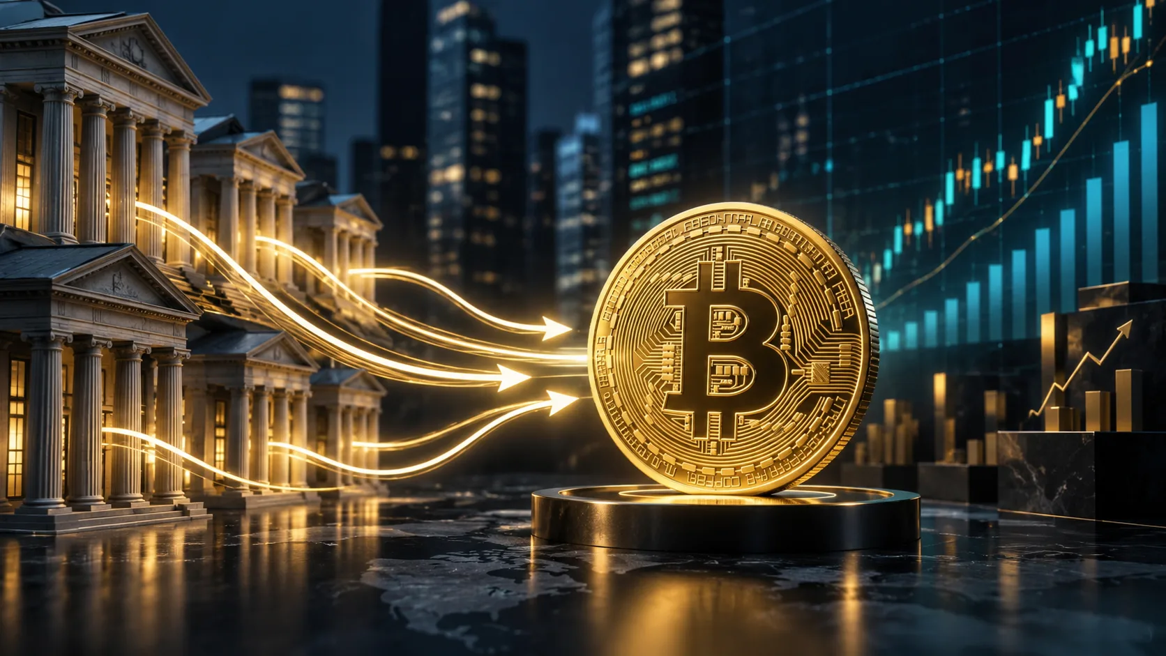 Spot Bitcoin ETF’lerine yönelik sermaye girişini temsil eden Bitcoin, finans kurumları ve yükseliş grafiği görseli