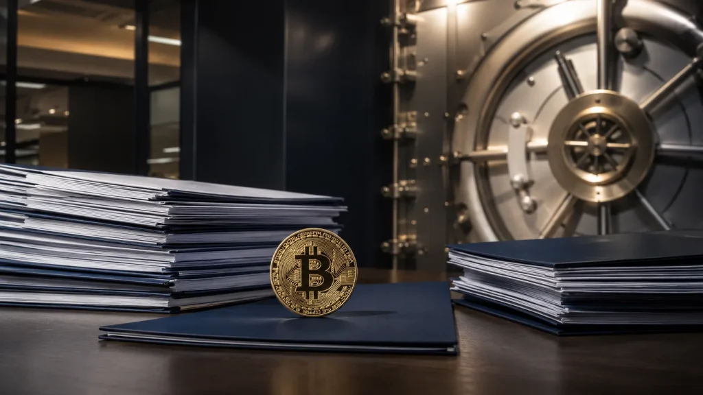 Banka kasası önünde Bitcoin simgeli metal para ve koyu renk kurumsal dosyalar