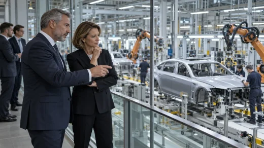 Modern bir otomobil fabrikasında iki yönetici üretim hattını ve robotları inceliyor.