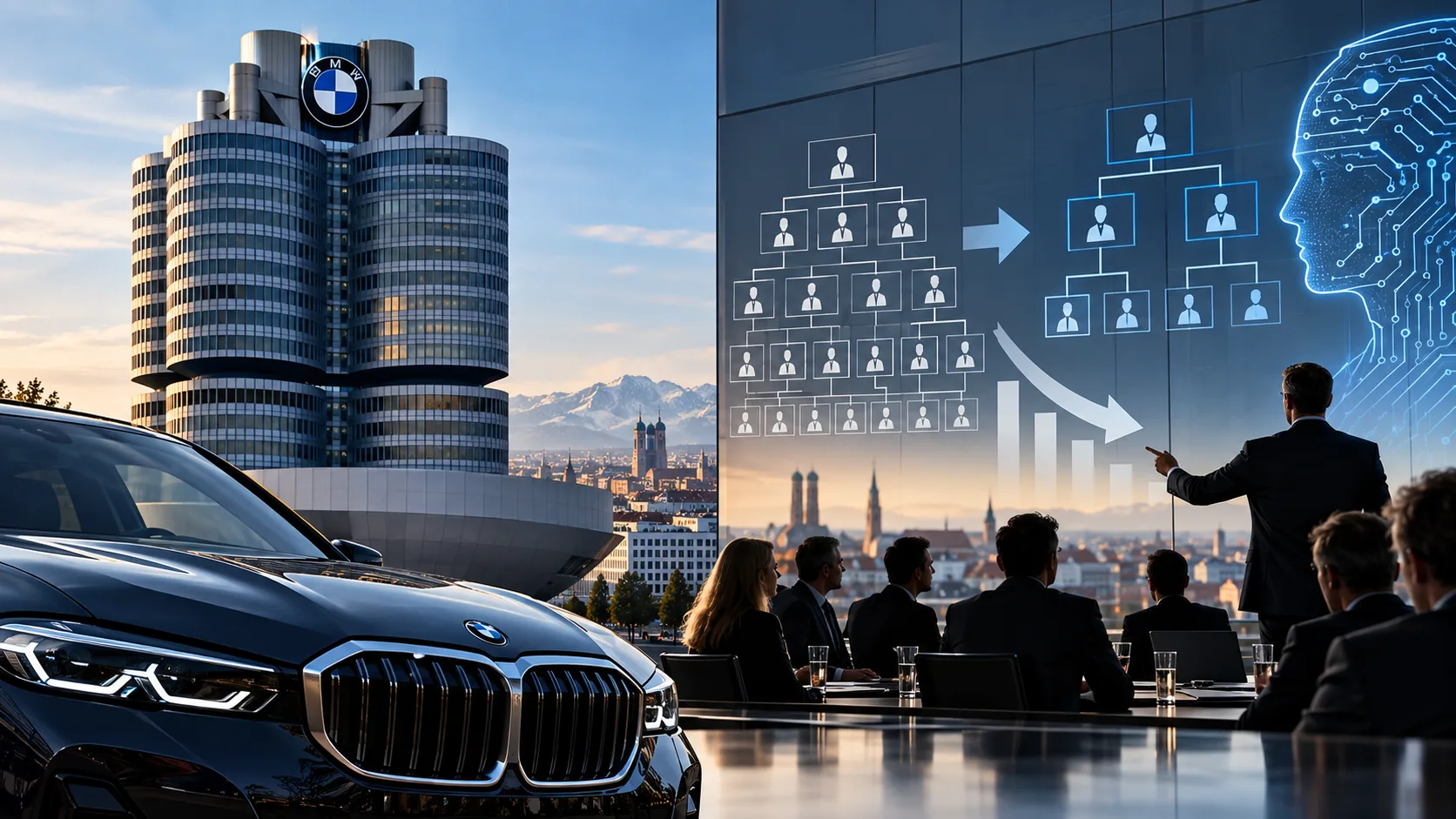 BMW’nin yönetim sadeleşmesi ve yapay zekâ odaklı yeniden yapılanmasını anlatan haber görseli