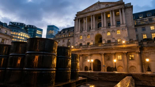 Londra finans bölgesinde İngiltere Merkez Bankası binası ve yükselen enerji maliyetlerini anlatan haber kompozisyonu