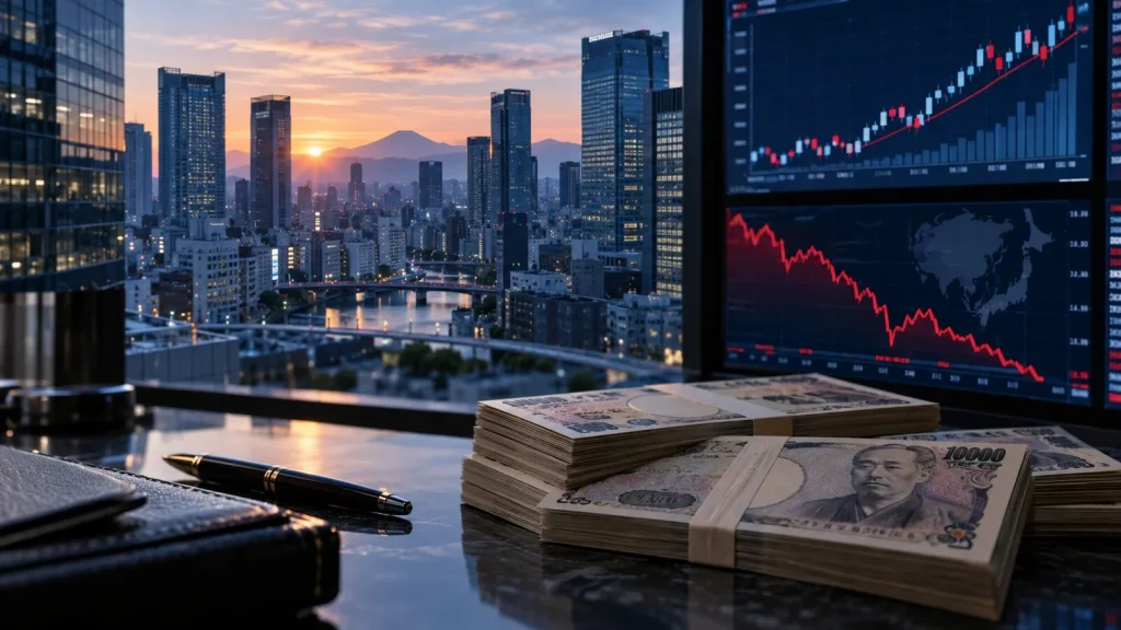 Japon yeni banknotları, faiz grafiği ve Tokyo finans merkezi