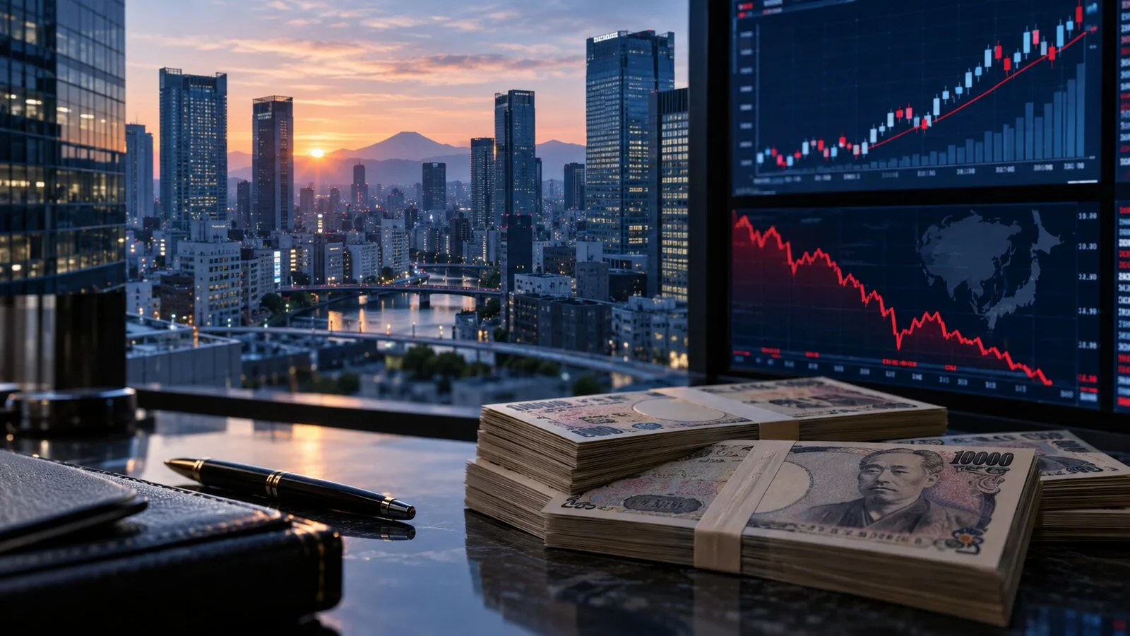 Japon yeni banknotları, faiz grafiği ve Tokyo finans merkezi