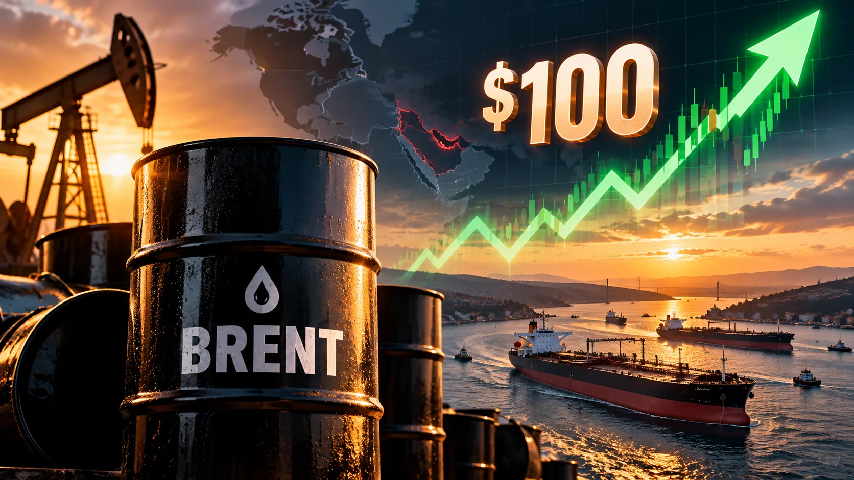 Brent petrol fiyatının 100 doların üzerine yükselişini gösteren görsel