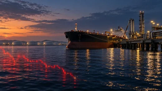 Akşam saatlerinde petrol terminaline yanaşmış tanker ve suya yansıyan düşüş yönlü piyasa grafiği