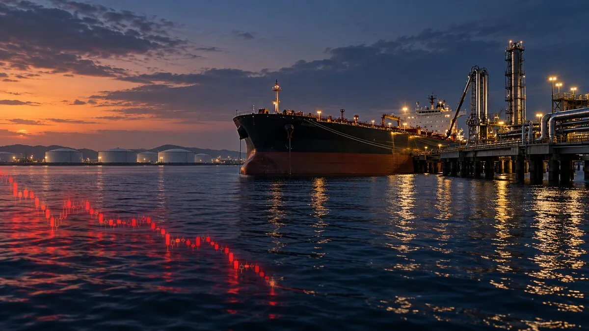Akşam saatlerinde petrol terminaline yanaşmış tanker ve suya yansıyan düşüş yönlü piyasa grafiği