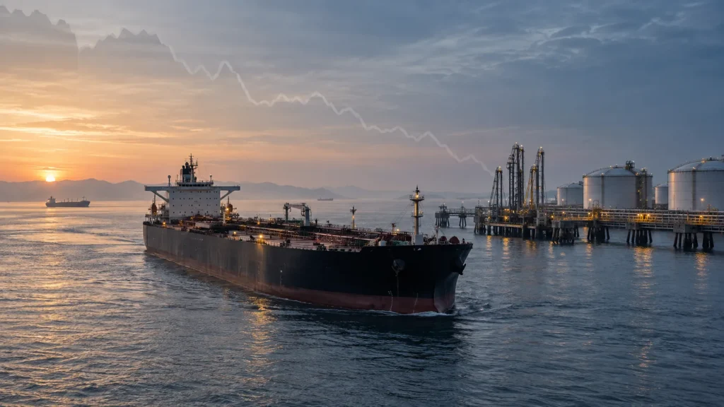 Petrol tankerinin ihracat terminaline yaklaşırken fiyat çizgisinin aşağı yöneldiği enerji piyasası görseli
