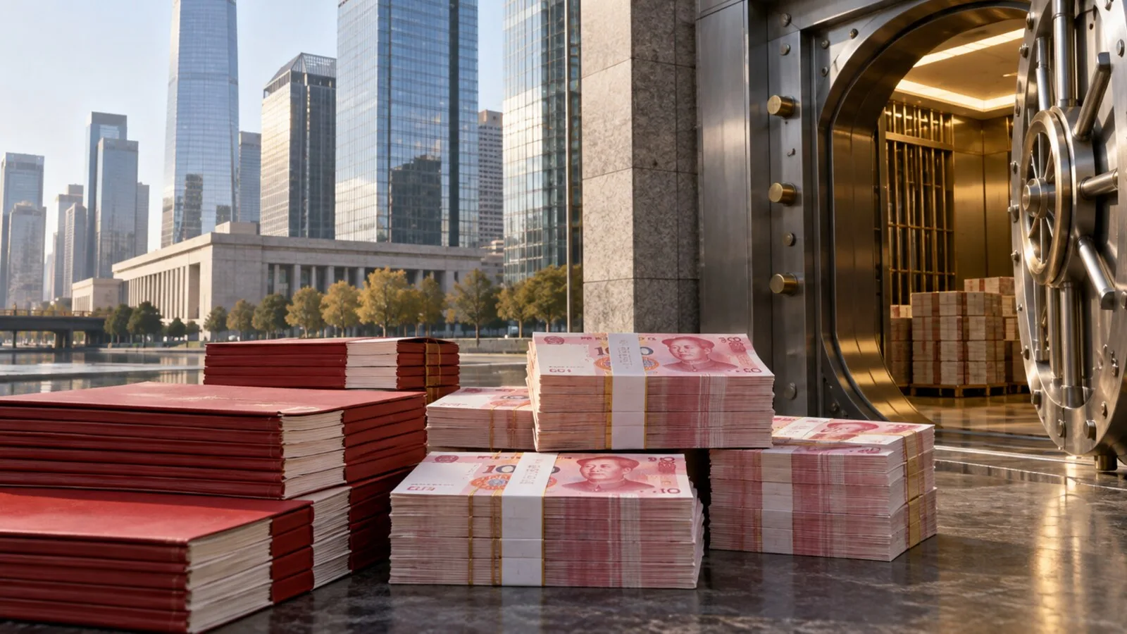 Çin finans bölgesindeki banka kulelerinin önünde yuan banknotu renklerini taşıyan para paketleri
