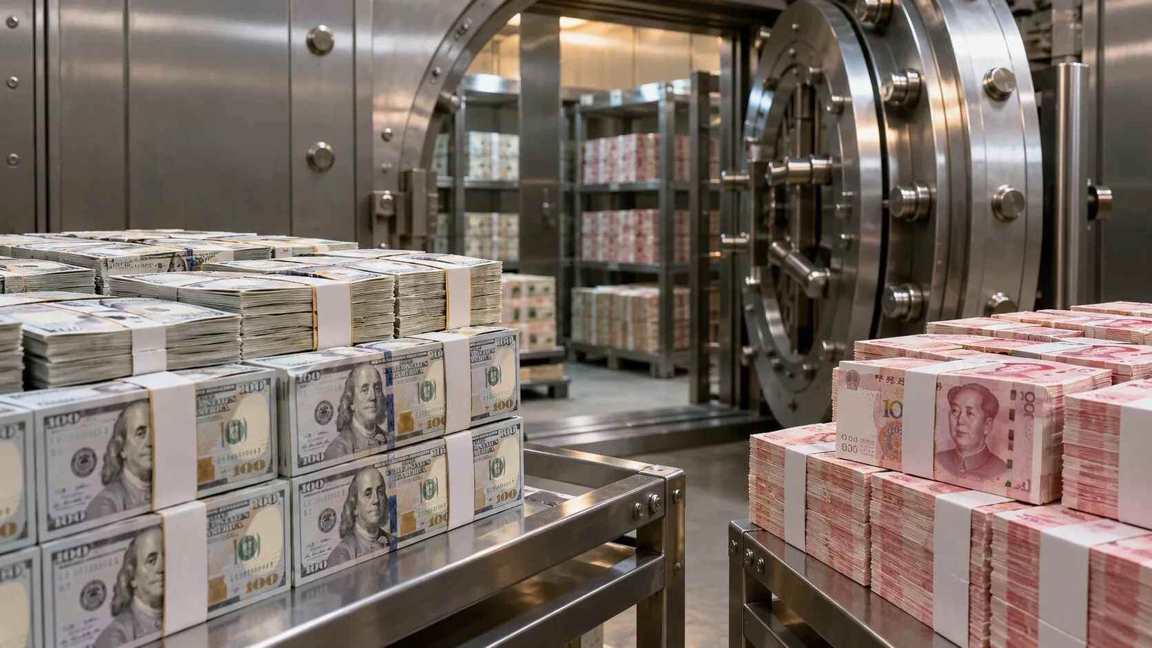 Dolar ve yuan banknotlarının bulunduğu güvenli bir rezerv kasası