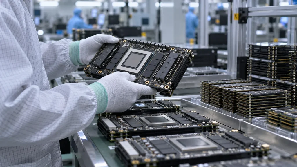 Elektronik üretim tesisinde eldivenli görevlinin incelediği yapay zekâ hızlandırıcı kartları