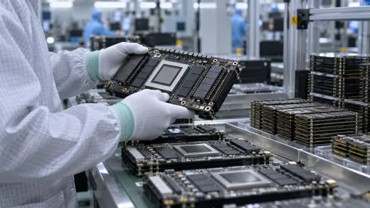 Elektronik üretim tesisinde eldivenli görevlinin incelediği yapay zekâ hızlandırıcı kartları