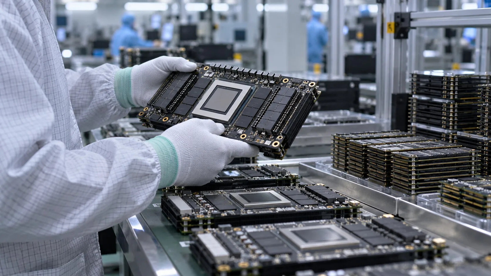 Elektronik üretim tesisinde eldivenli görevlinin incelediği yapay zekâ hızlandırıcı kartları