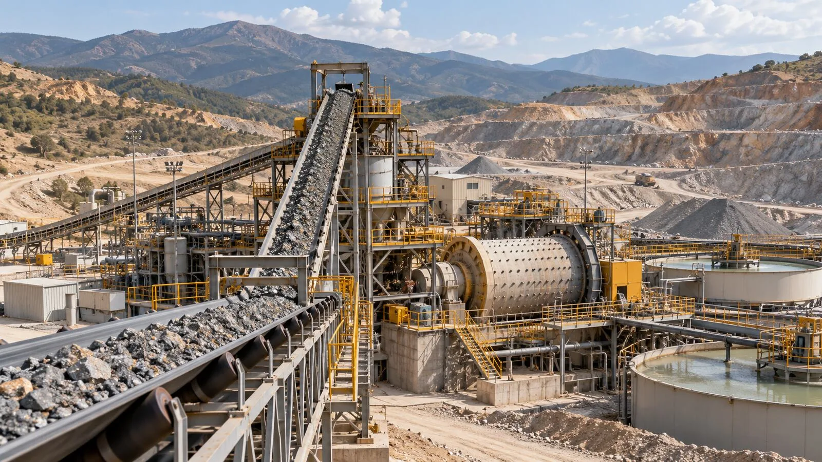 Madencilik tesisinde cevher taşıyan bant ve mineral işleme ekipmanı